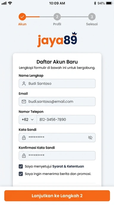 Tampilan halaman daftar jaya89